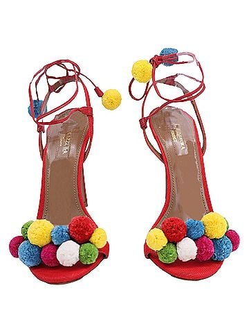 Aquazzura Aquazzura Pom Pom Lace up Sandals in Red Raffia (view 2)