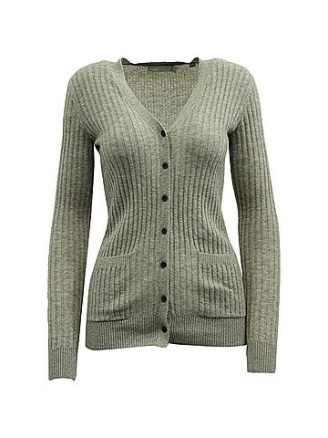 Vince. Vince Ribbed Knitted Cardigan in Grey Cashmere (view 1)