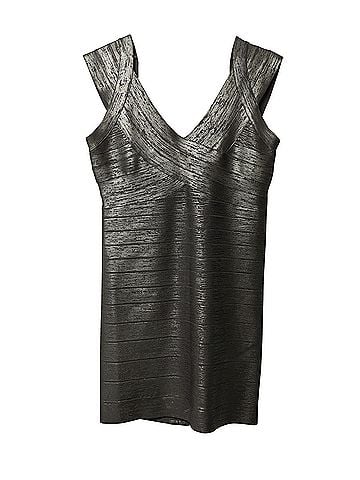 Herve Leger Herve Leger Criss Cross Foil Mini Dress in Silver Rayon (view 1)