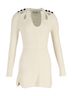 Self-Portrait 100% Cotton Ivory Self-Portrait Button-Embellished Cutout Ribbed Mini Dress in Cream Cotton Size M - photo 1