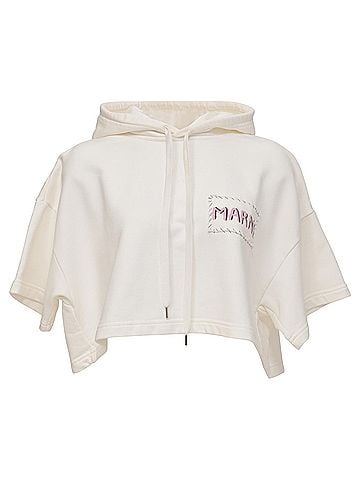 MARNI Marni Logo Print Cropped Hoodie in White Cotton (view 1)
