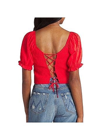 MASON & BELLE Back Tie Eyelet Puff Sleeve Crop Top T-Shirt (view 2)