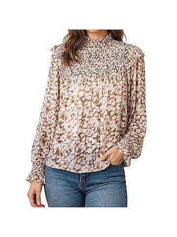 Anthropologie THML Metallic Leopard Smocked Flutter Long Sleeve Blouse Long Sleeve T-Shirt (view 1)