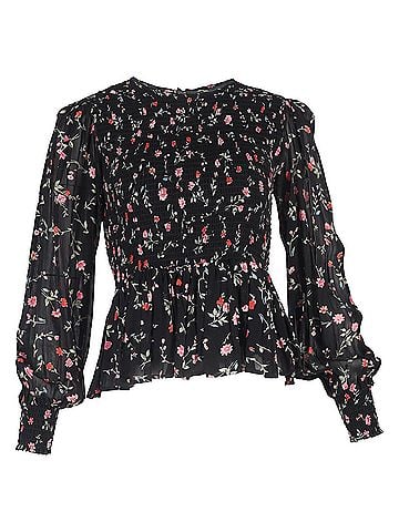 Ganni Ganni Elm Shirred Printed Georgette Peplum Blouse in Multicolor Viscose (view 1)