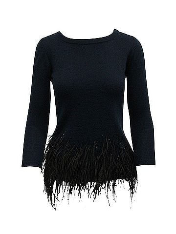 Carolina Herrera Navy Blue Sweater with Black Feathers (view 1)