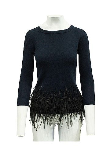 Carolina Herrera Navy Blue Sweater with Black Feathers (view 2)