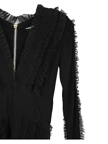 Balmain Balmain Black Viscose With Ruffled Tulle Trims V-Neck Long Sleeves Mini Dress (view 2)