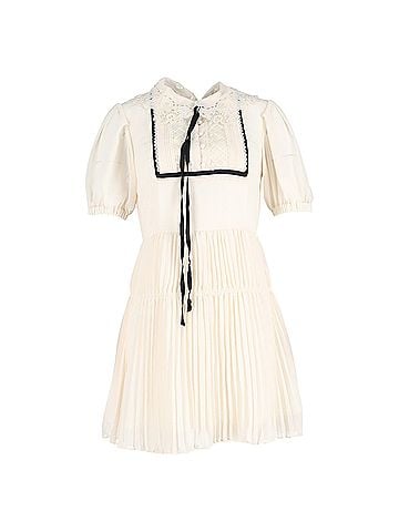 Self-Portrait  Self-Portrait Pleated Lace-Detail Mini Short Sleeve dress in Cream Polyester (view 1)