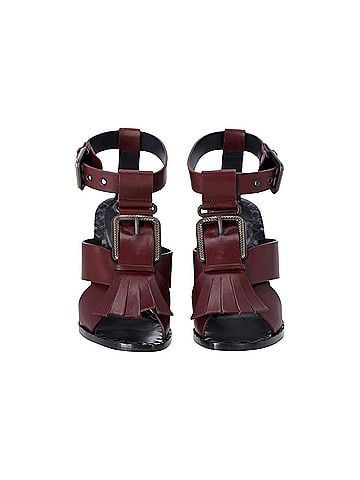 Bottega Veneta Bottega Veneta Fringe Buckle T-strap Block Heel Sandals in Maroon Leather (view 2)