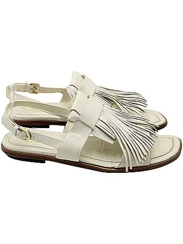 Tod's Tod's Fringed Slingback Flat Sandals in White Leather (view 2)