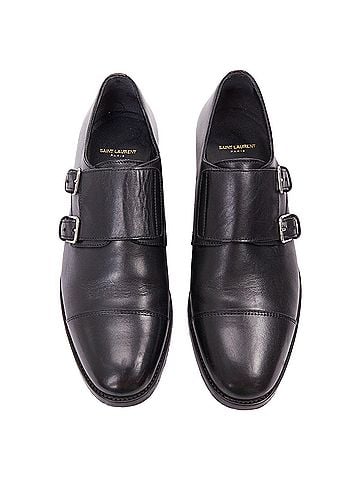 Saint Laurent Saint Laurent black leather silver buckle double monk strap oxford shoes (view 2)