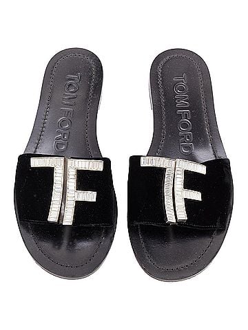 Tom Ford Tom Ford black velvet silver big crystal TF embellished flat sandals (view 1)