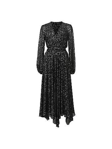 Maje  Maje Route Gathered Metallic Midi Long Sleeve Dress in Black Polyester (view 1)