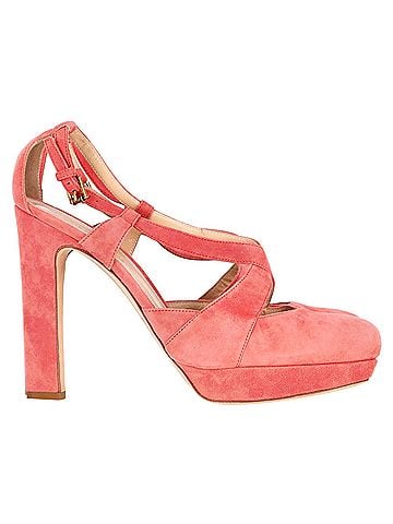 Jil Sander  Jil Sander Cross Strap Chunky Heel Platform Pumps in Coral Suede (view 1)