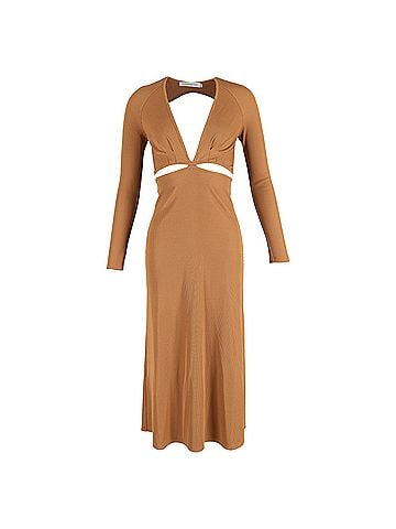 Christopher Esber  Christopher Esber Midi Cutout Ribbed Long Sleeve Dress in Brown Polyester (view 1)