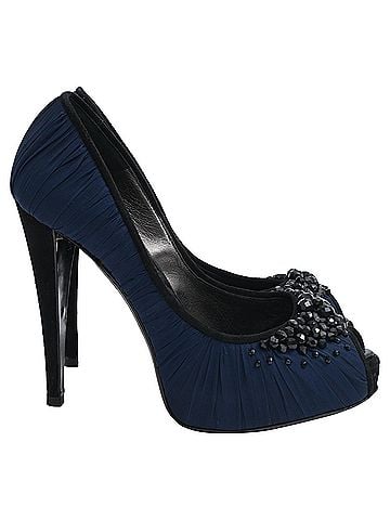 Giorgio Armani Giorgio Armani Embellished Peep-Toe Pumps in Navy Blue Satin (view 1)