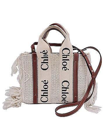 Chloé Chloé Small Woody Knit Fringe Tote Bag in White Recycled Cotton (view 1)