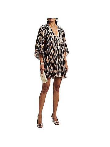 Ganni Pleated Georgette V Neck Kaftan Oversized Mini Dress Casual Dress (view 1)