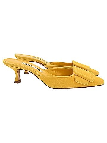 Manolo Blahnik  Manolo Blahnik Maysale Heeled Mules in Yellow Calf Suede (view 1)