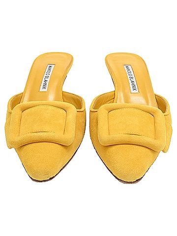 Manolo Blahnik  Manolo Blahnik Maysale Heeled Mules in Yellow Calf Suede (view 2)
