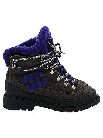 Chanel Chanel CC Lace-Up Shearling Winter Boots in Grey Suede (view 1)