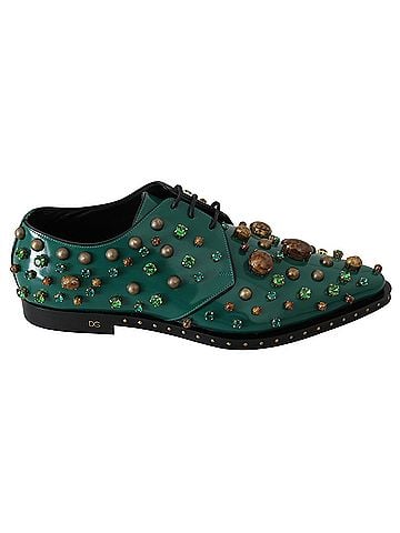 Dolce & Gabbana Basic Green Leather Crystal Dress Broque Women's Shoes (view 1)