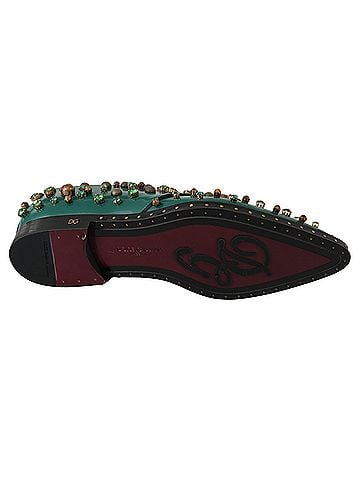 Dolce & Gabbana Basic Green Leather Crystal Dress Broque Women's Shoes (view 2)