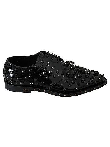 Dolce & Gabbana Basic Black Leather Crystals Dress Broque Women's Shoes (view 1)