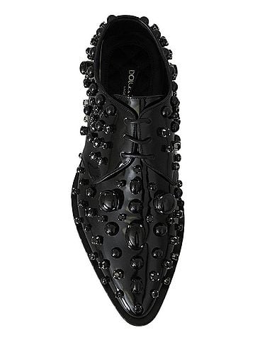 Dolce & Gabbana Basic Black Leather Crystals Dress Broque Women's Shoes (view 2)