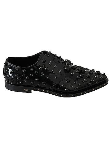 Dolce & Gabbana Basic Black Leather Crystals Dress Broque Women's Shoes (view 1)