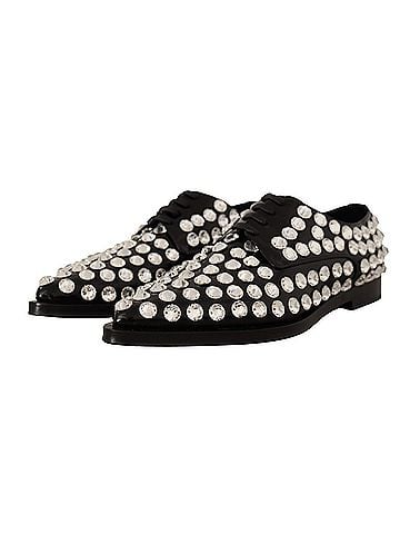 Dolce & Gabbana Basic Black Leather Crystals Lace Up Formal Women's Shoes (view 2)