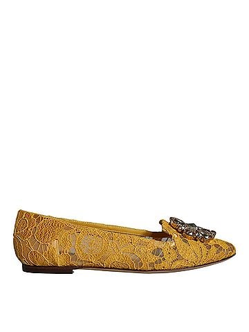Dolce & Gabbana Basic Mustard Lace Crystal Ballet Flats Loafer Women's Shoes (view 1)