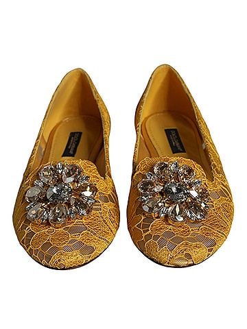 Dolce & Gabbana Basic Mustard Lace Crystal Ballet Flats Loafer Women's Shoes (view 2)
