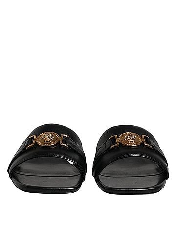 Versace Black Leather Logo Plaque Slip On Slides Flats Women's Shoes (view 2)