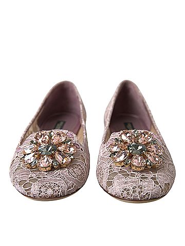 Dolce & Gabbana Basic Pink Lace Crystal Ballet Flats Loafers Women's Shoes (view 2)