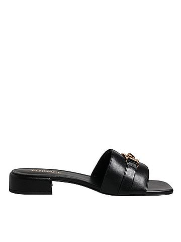 Versace Black Leather Logo Plaque Slip On Slides Flats Women's Shoes (view 1)
