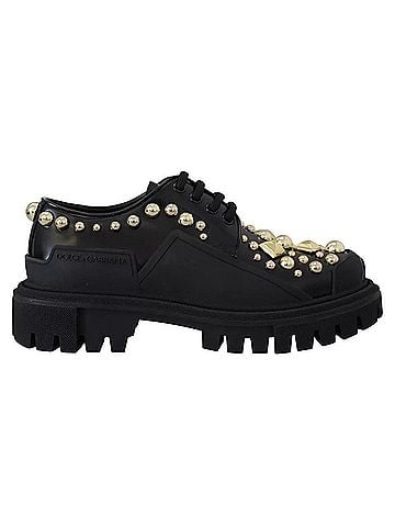 Dolce & Gabbana Basic Black Leather Trekking Derby Embellished Women's Shoes (view 1)