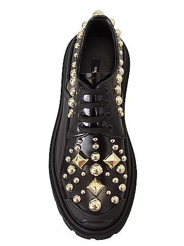Dolce & Gabbana Basic Black Leather Trekking Derby Embellished Women's Shoes (view 2)