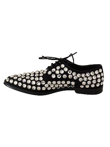 Dolce & Gabbana Basic Black Leather Crystals Lace Up Formal Women's Shoes (view 2)