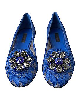 Dolce & Gabbana Basic Blue Lace Crystal Ballet Flats Loafers Women's Shoes (view 2)
