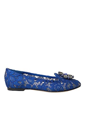 Dolce & Gabbana Basic Blue Lace Crystal Ballet Flats Loafers Women's Shoes (view 1)