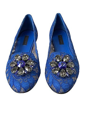 Dolce & Gabbana Basic Blue Lace Crystal Ballet Flats Loafers Women's Shoes (view 2)