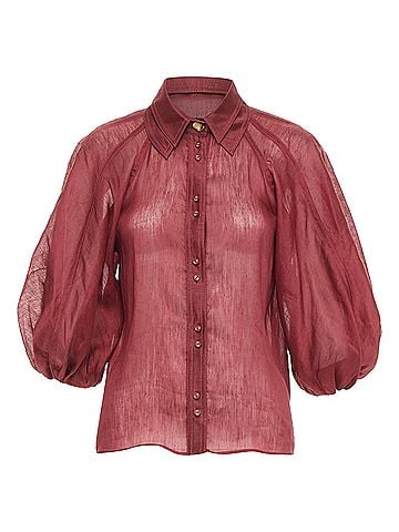 Aje. AJE Palms burgundy silk linen puff sleeve raglan multi buttons shirt UK6 XS (view 1)