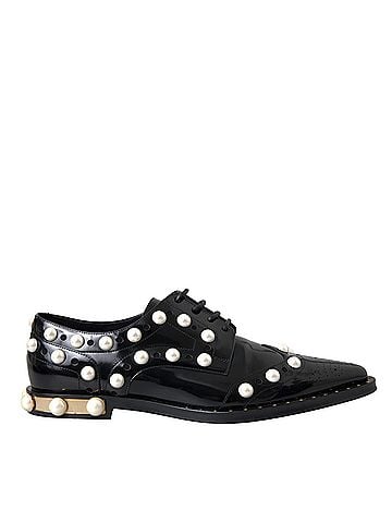 Dolce & Gabbana Basic Black Leather Faux Pearl Dress Brogue Women's Shoes (view 1)