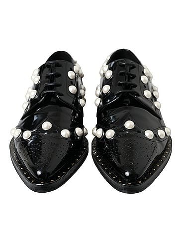 Dolce & Gabbana Basic Black Leather Faux Pearl Dress Brogue Women's Shoes (view 2)