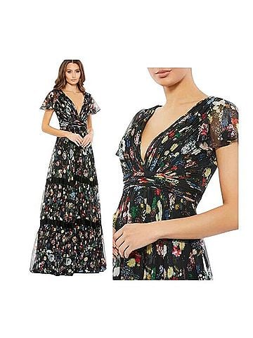 Mac Duggal Mac Duggal Floral Chiffon 67934 Black Maxi Dress A Line Flutter Sleeve Gown 2 Cocktail Dress (view 2)
