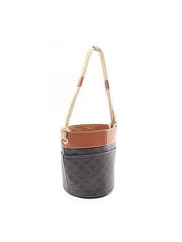 Céline Celine Triomphe Bucket Bag, Shoulder Handbag, Coated Canvas, Leather, Women's, Black/Brown, 196272 (view 2)