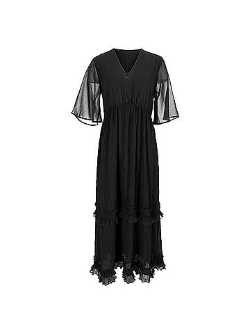 Ganni  Ganni V-Neck Pleated Maxi Dress in Black Polyester  (view 1)