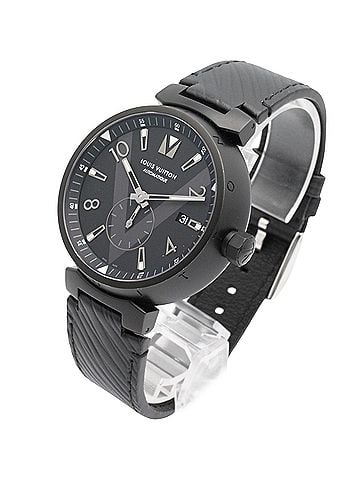 Louis Vuitton Louis Vuitton Tambour All Black Watch, Stainless Steel, Leather Strap, Men's, Black, Q1D22 (view 2)