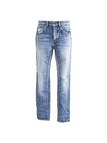 Saint Laurent Saint Laurent Distressed Washed Jeans in Light Blue Denim (view 1)